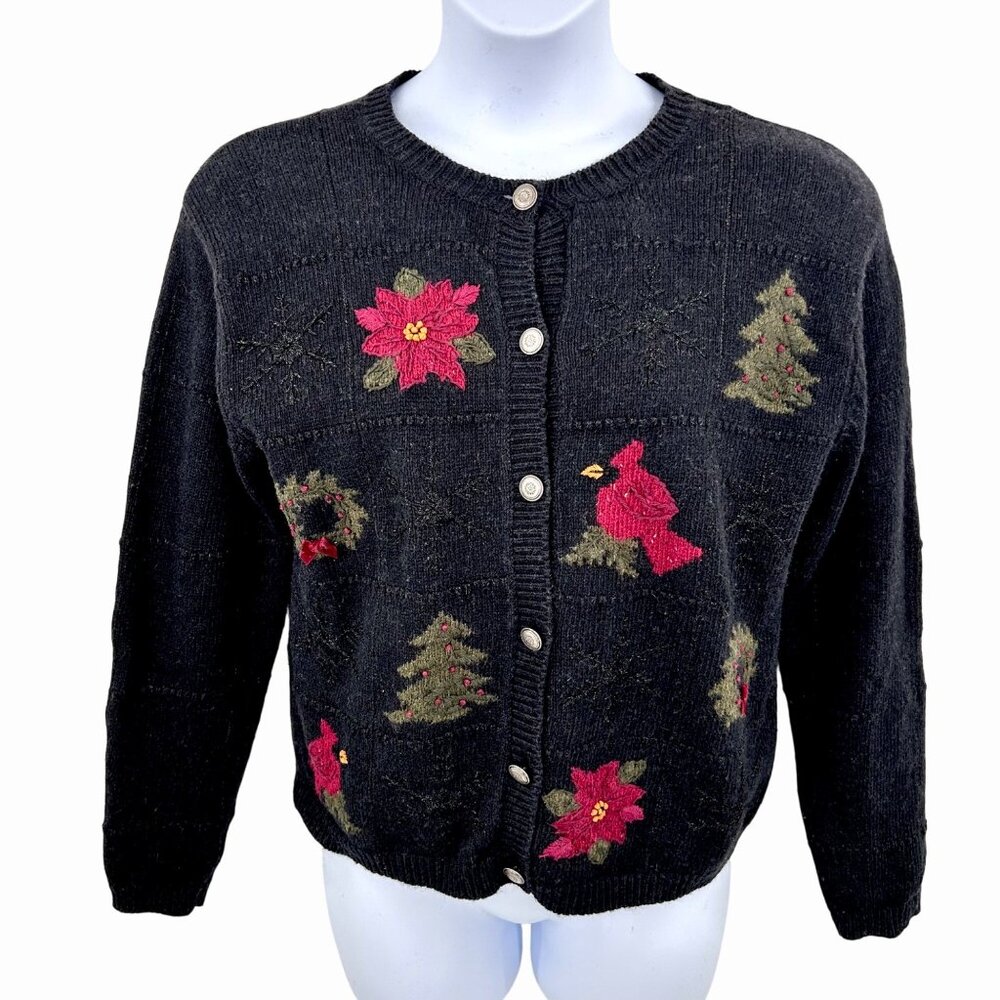 CROFT & BARROW PETITE DK GRAY CHRISTMAS HOLIDAY CARDINAL WREATH + CARDIGAN SWTR